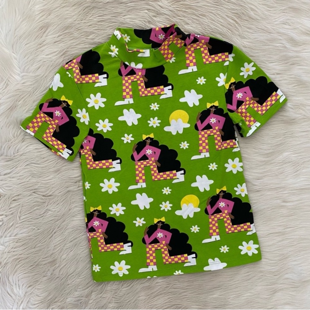 Nooworks Green Short Sleeve Mock Neck Pink Groovy Checkered Ladies Shirt Top - Picture 2 of 9